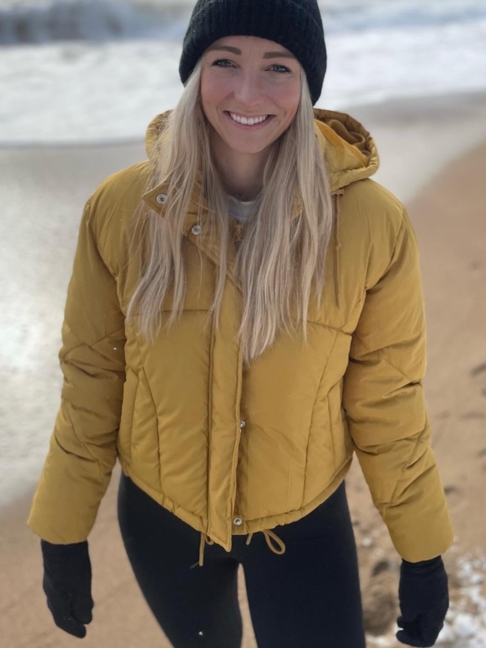 Sebby Mustard Yellow Cropped Puffer Jacket with Hood
